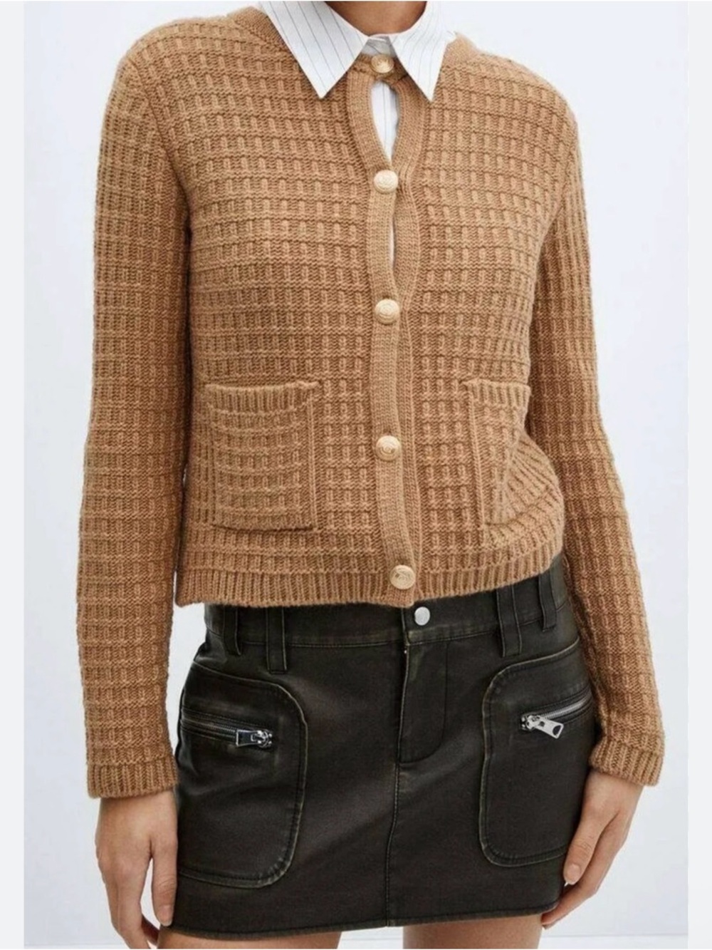 Mango brown gold button down textured cardigan